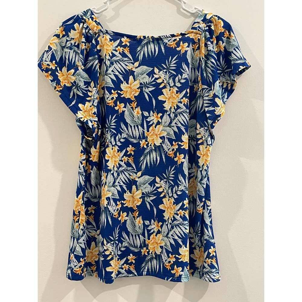 00119 - All in Love Women M Blue Floral Button Blouse Ruffle Sleeves Cottagecore - Picture 3 of 9